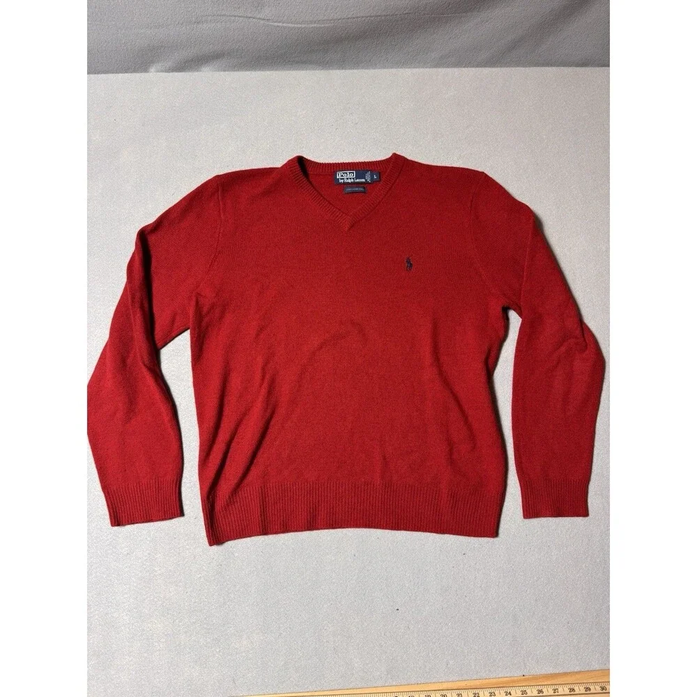 Polo Ralph Lauren Long Sleeve V-Neck 100% Lambs Wool Sweater Mens Size L Red